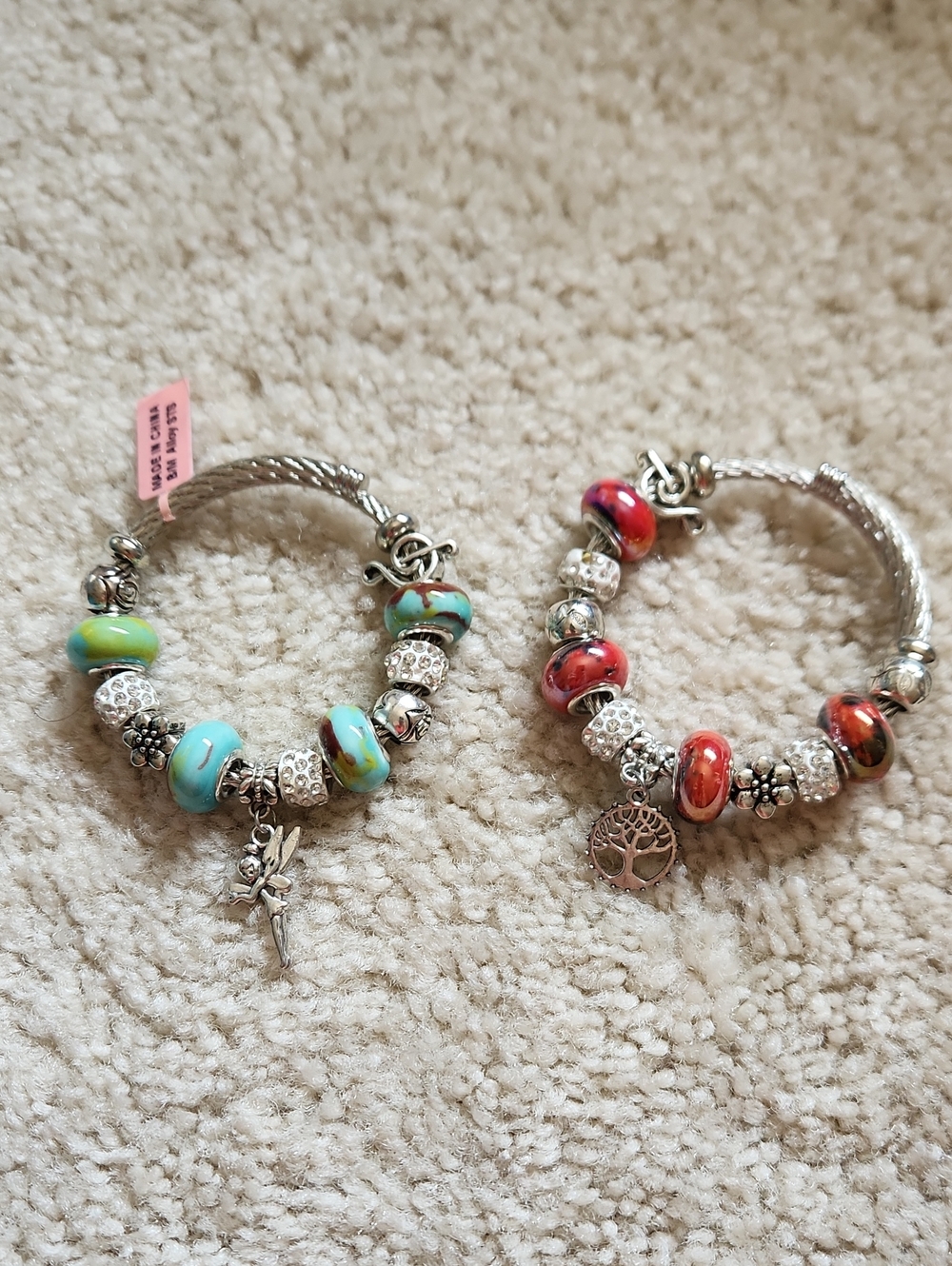 Silver Charm Bracelet with Turquoise and Red Glass Beads